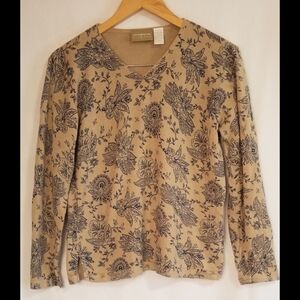 Liz Claiborne Beige Floral Long Sleeve V-Neck Top Size M
